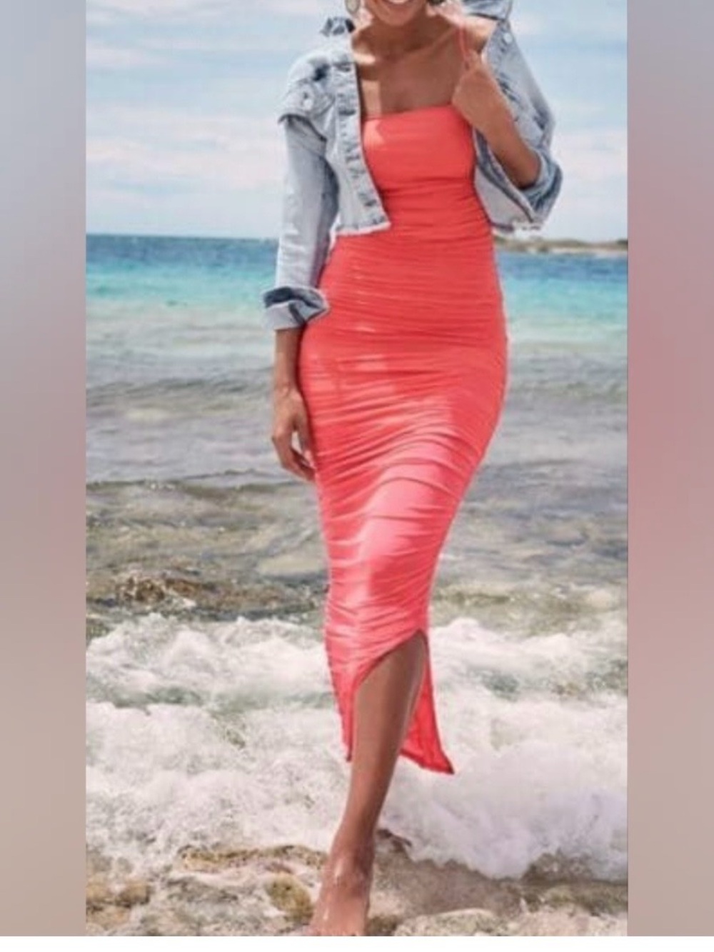 Peach/coral, ruched, body con maxi dress size large